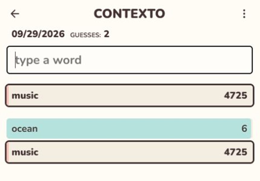 Contexto 단어의 의미 유사도를 보여 주는 게임 화면